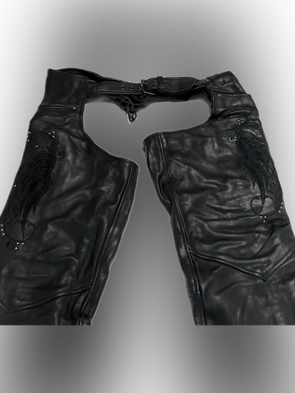 Black Leather Women's Chaps with Embroidered Detail